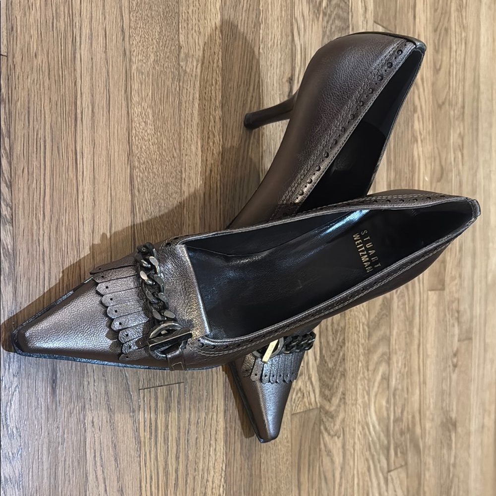 Vintage Stuart Weitzman Brown Italian Leather Kiltie Chain Detail Heels